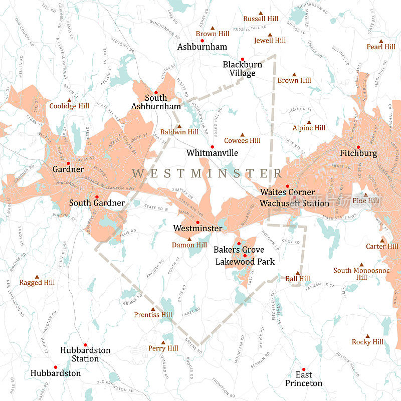 MA Worcester Westminster矢量路线图